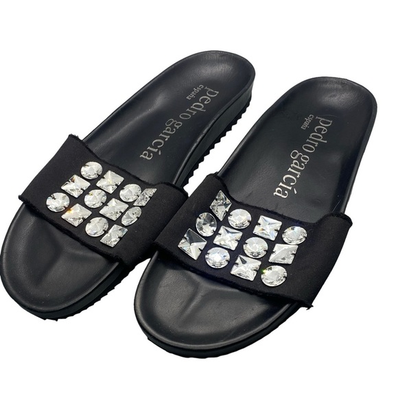 Pedro Garcia Amery Swarovski Crystal Satin & Leather Jeweled Slide Sandals Black - Picture 1 of 16